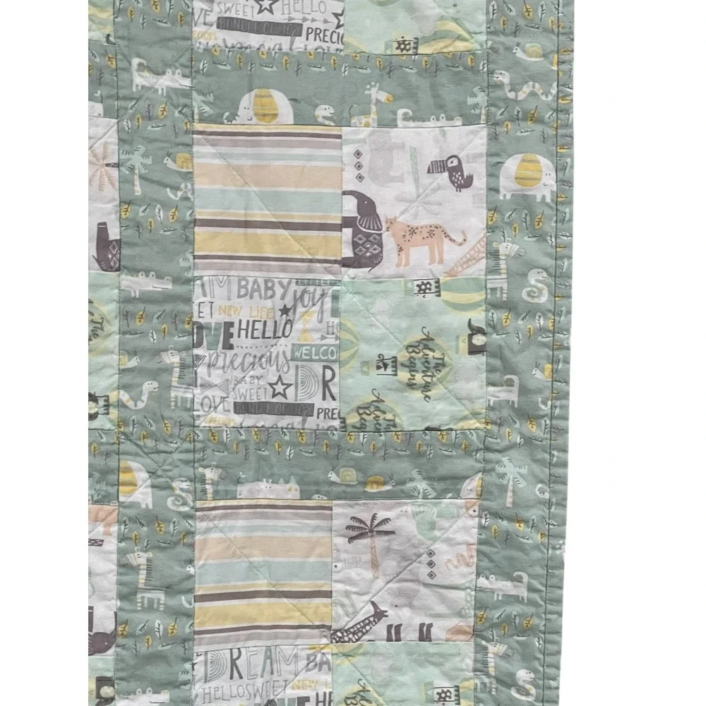 Vintage Baby Quilt 30x40 Safari Jungle‎ Animals Sage Green Nursery Blanket